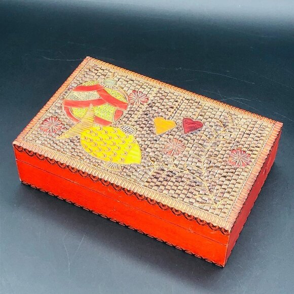 Poland Folk Art Hand Carved Wooden Box Vintage Pyrography Decorative Dresser Box - Picture 1 of 14